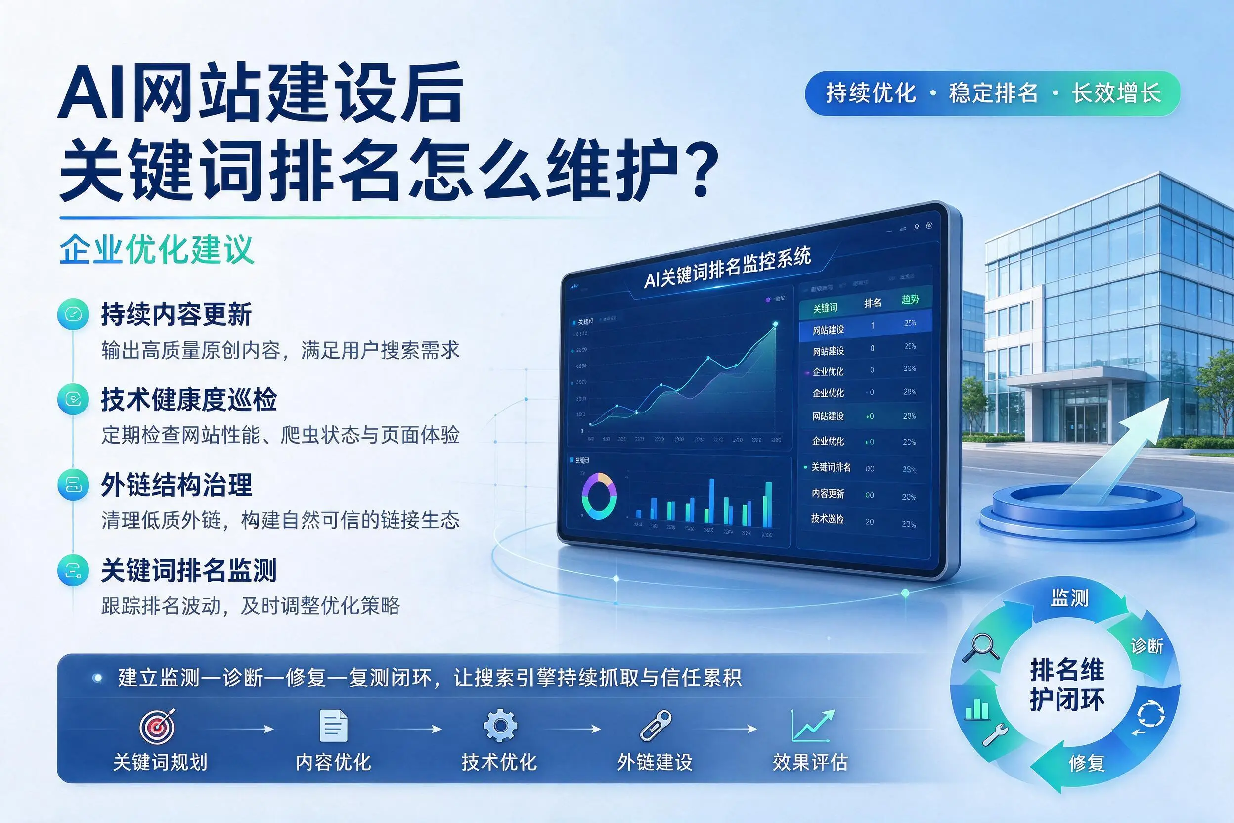 AI网站建设后关键词排名怎么维护?盐城企业优化建议